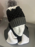 Handmade Crochet Beanie & Knit Scarf Set – Black, White & Gray