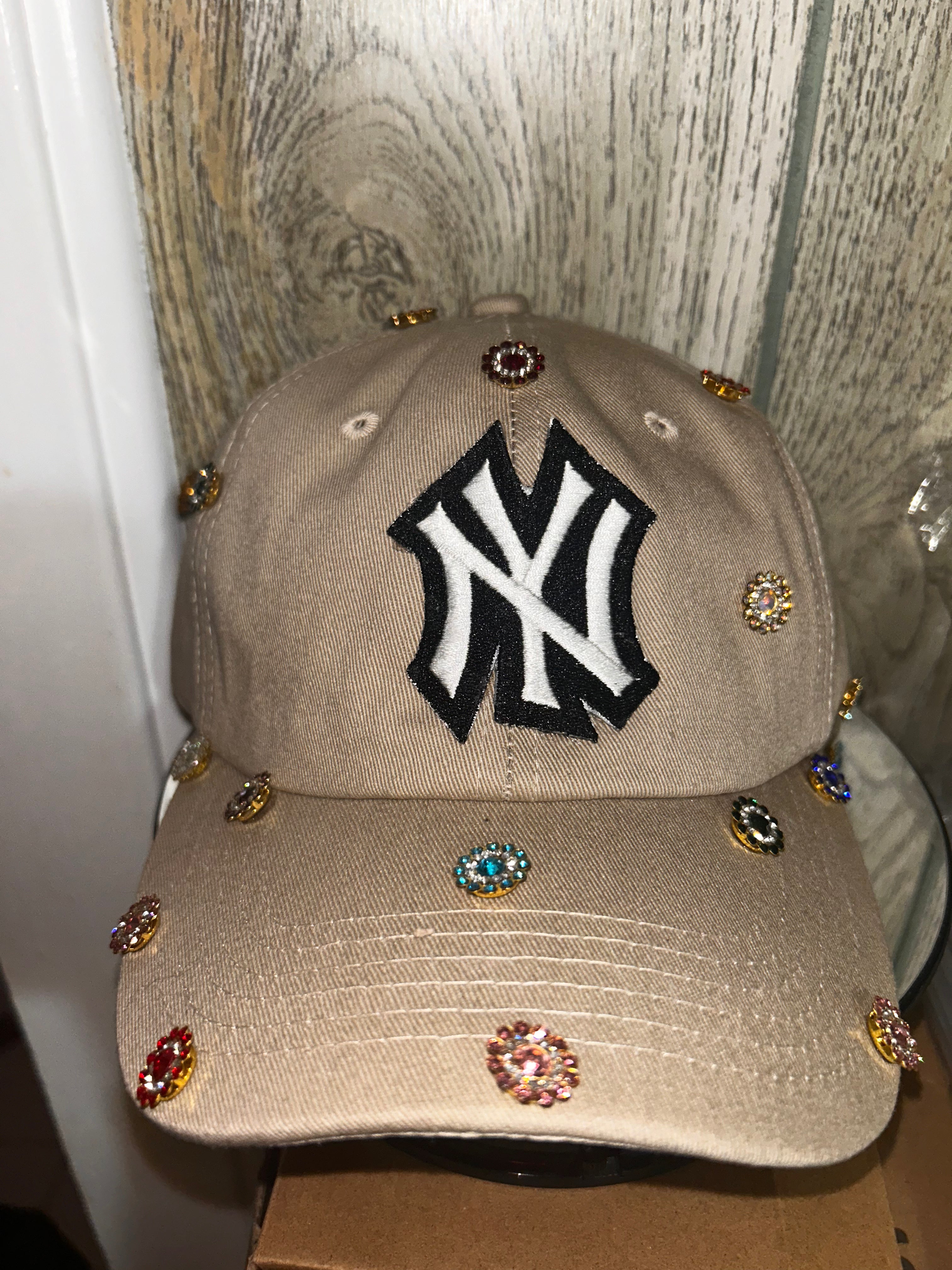 Tan, NY, jeweled baseball cap