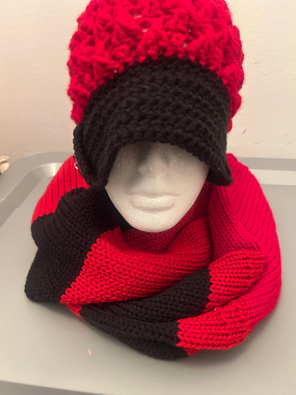 Handmade Crochet Beanie & Knit Scarf Set – Red & Black Statement Winter Set