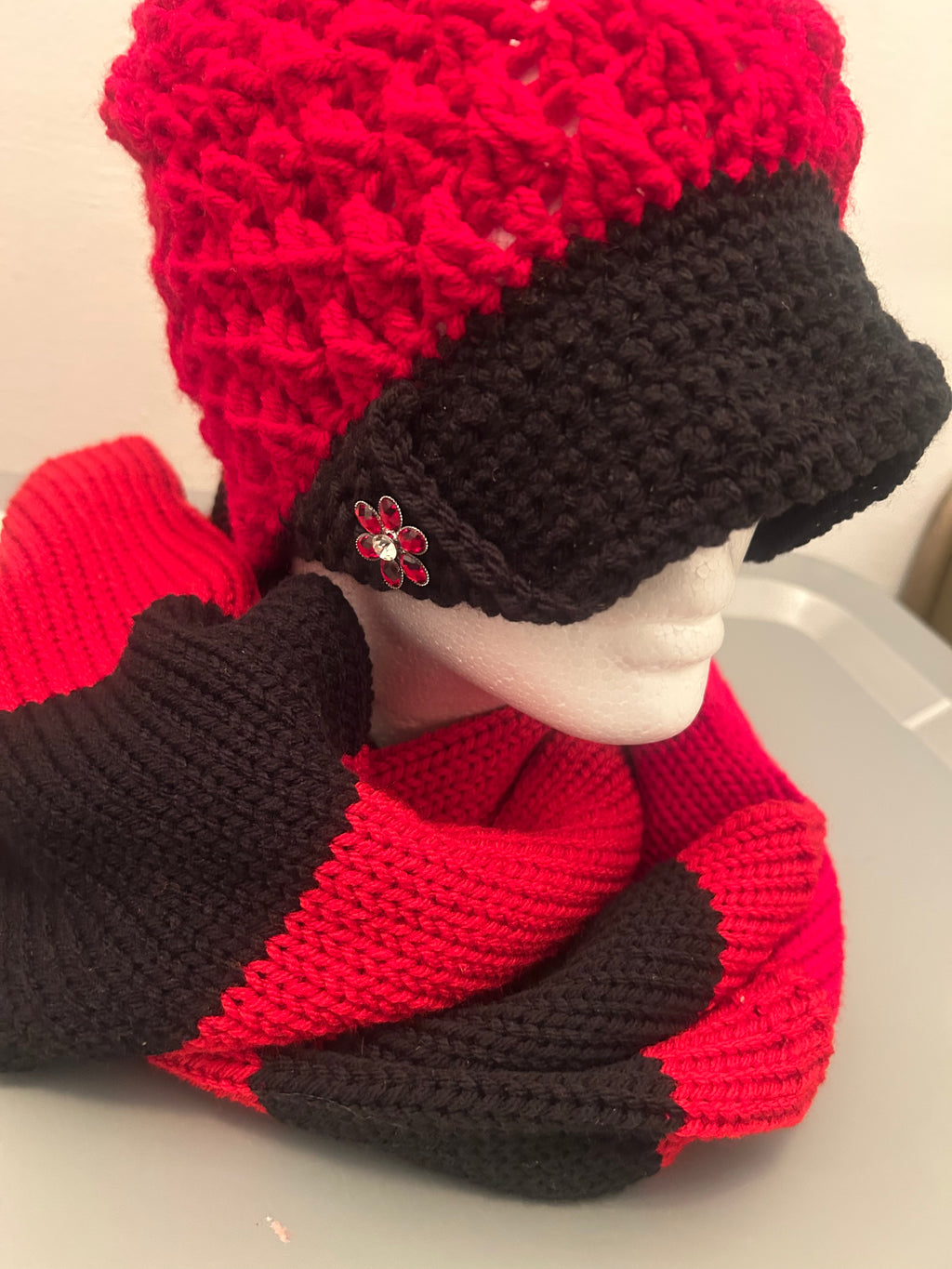 Handmade Crochet Beanie & Knit Scarf Set – Red & Black Statement Winter Set