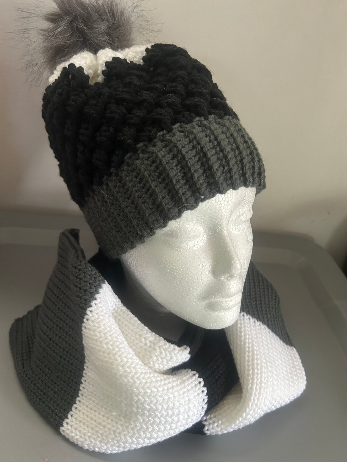 Handmade Crochet Beanie & Knit Scarf Set – Black, White & Gray