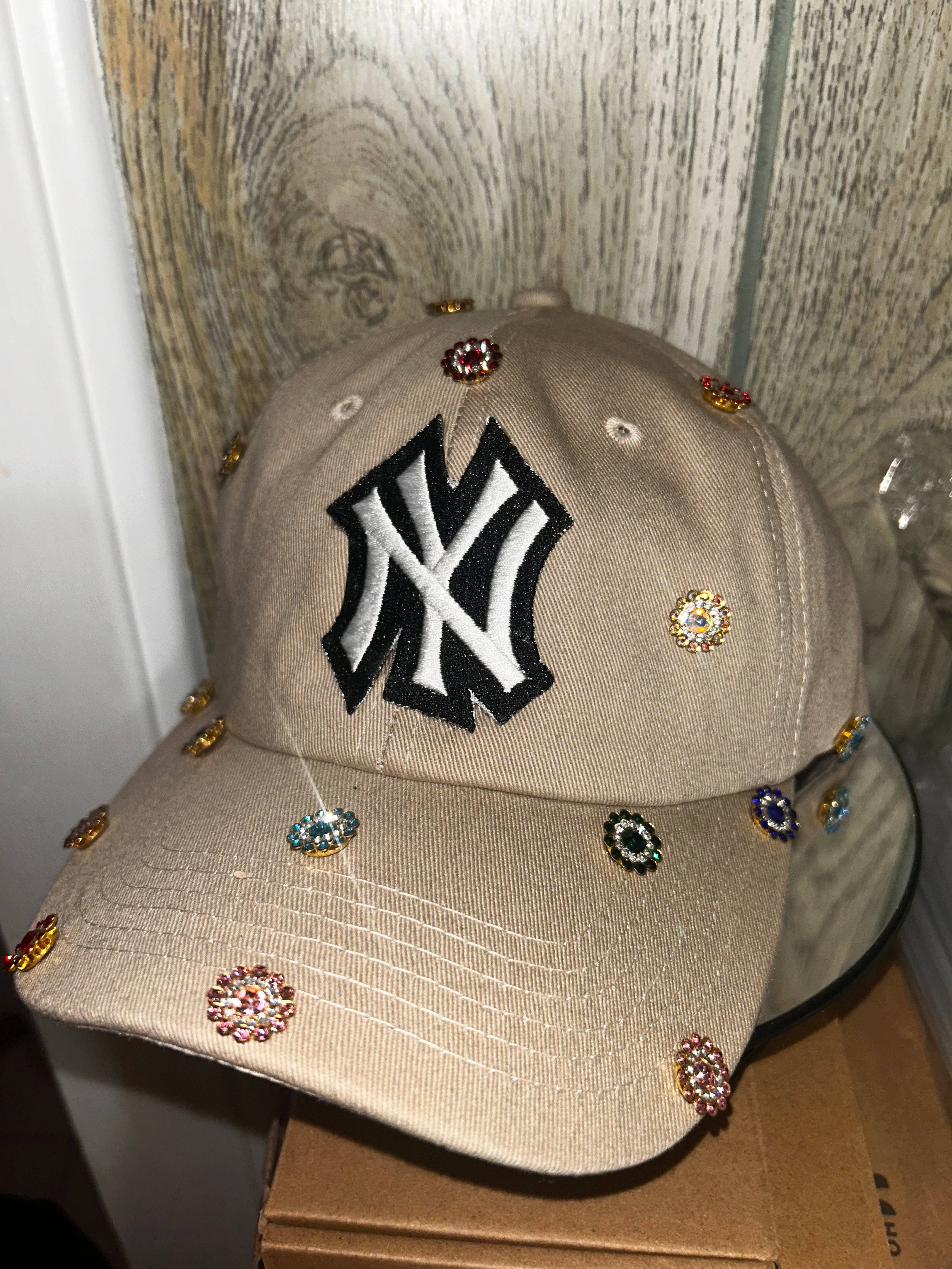 Tan, NY, jeweled baseball cap