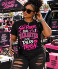 She Prays She Tailgates She Talks Trash Football T-Shirt | Women’s Game Day Tee