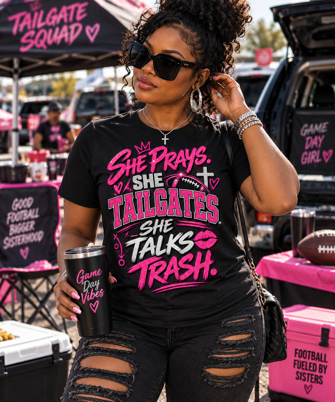 She Prays She Tailgates She Talks Trash Football T-Shirt | Women’s Game Day Tee