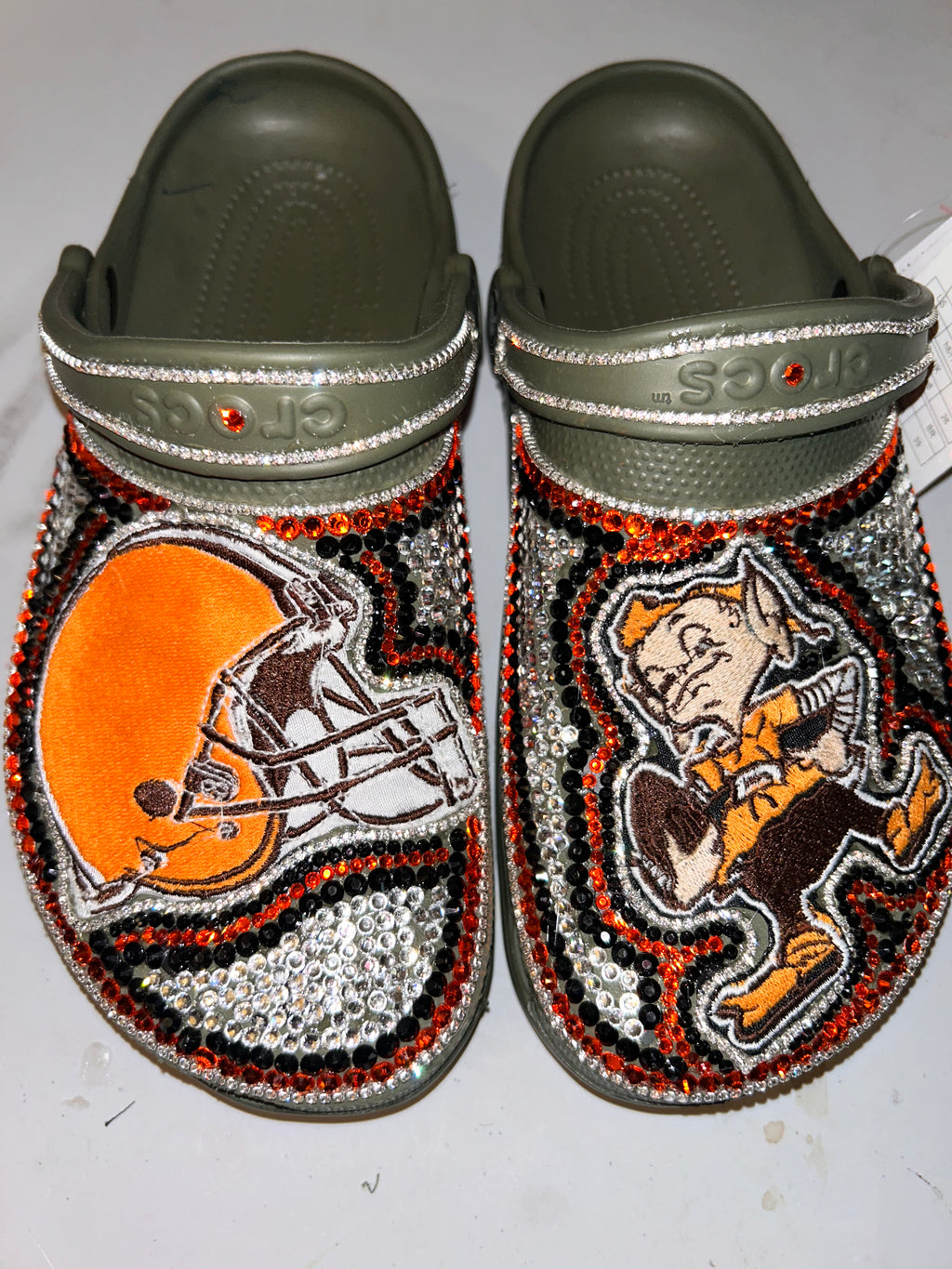 Custom, One of a kind Green Browns crocs